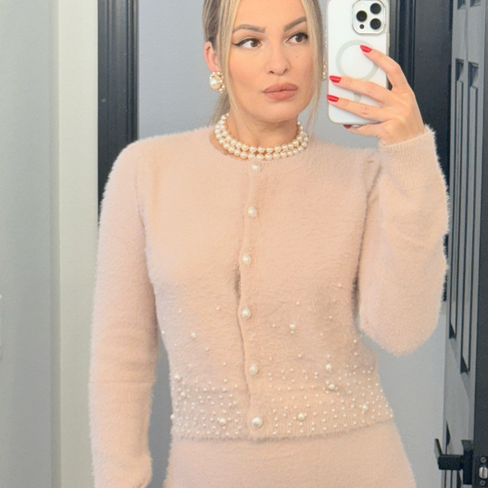 242 ‘Emily’ Elegant & Fuzzy Pink Pearl-Embellished Cardigan and Skirt Set NWT - Picture 6 of 9